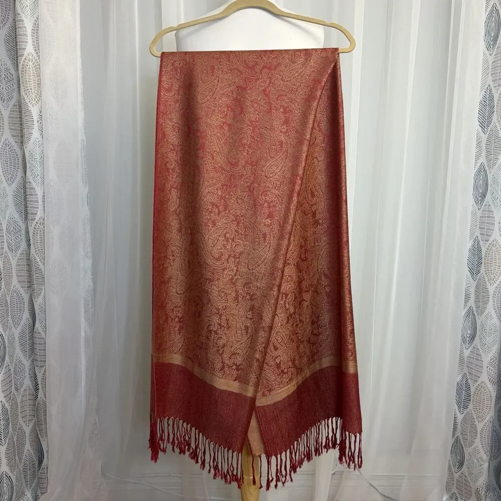 Reversible Pashmina Cashmere Silk Scarf Stole Wrap Shawl Paisley Burgundy Gold